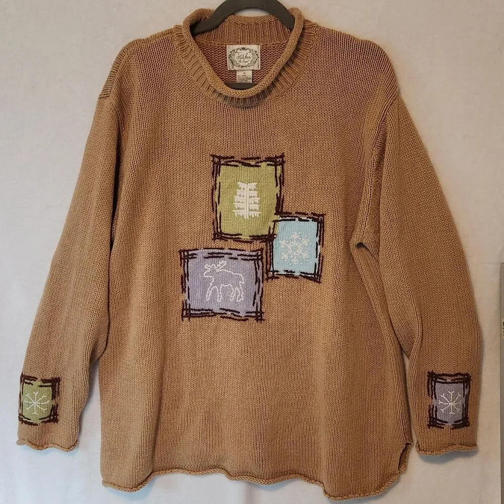 Vintage Stitches In Time Women’s 1X Tan Roll Neck Embroidered Sweater